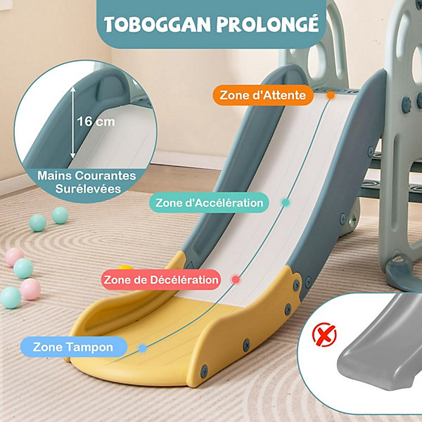 4 en 1 Toboggan Exterieur Interieur Enfant avec Balançoire Panier de Basket Escalier Ensemble de Jeu Intérieur