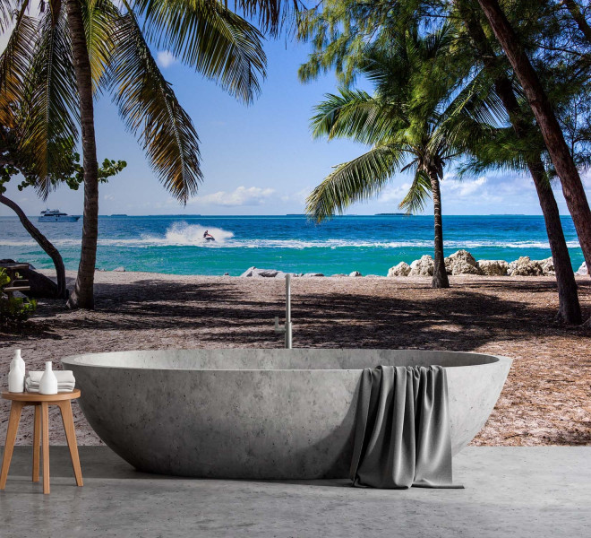 Feeby Fototapeta, Piaszczysta plaża pomiędzy palmami 150x105
