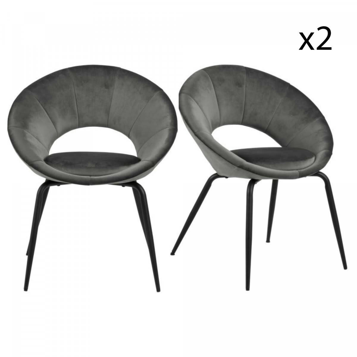 JULIANA - Lot de 2 chaises rondes en velours pieds noir gris