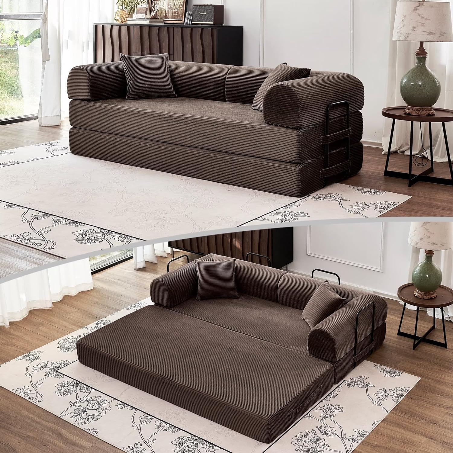 79'' Convertible Sofa Bed, Folding Sleeper Couch with Pull Out Bed, Modular Floor Couch with Cushions, Corduroy Sofa for Apartment Living Room Bedroom Guest Room Use, No Assembly (Brown)