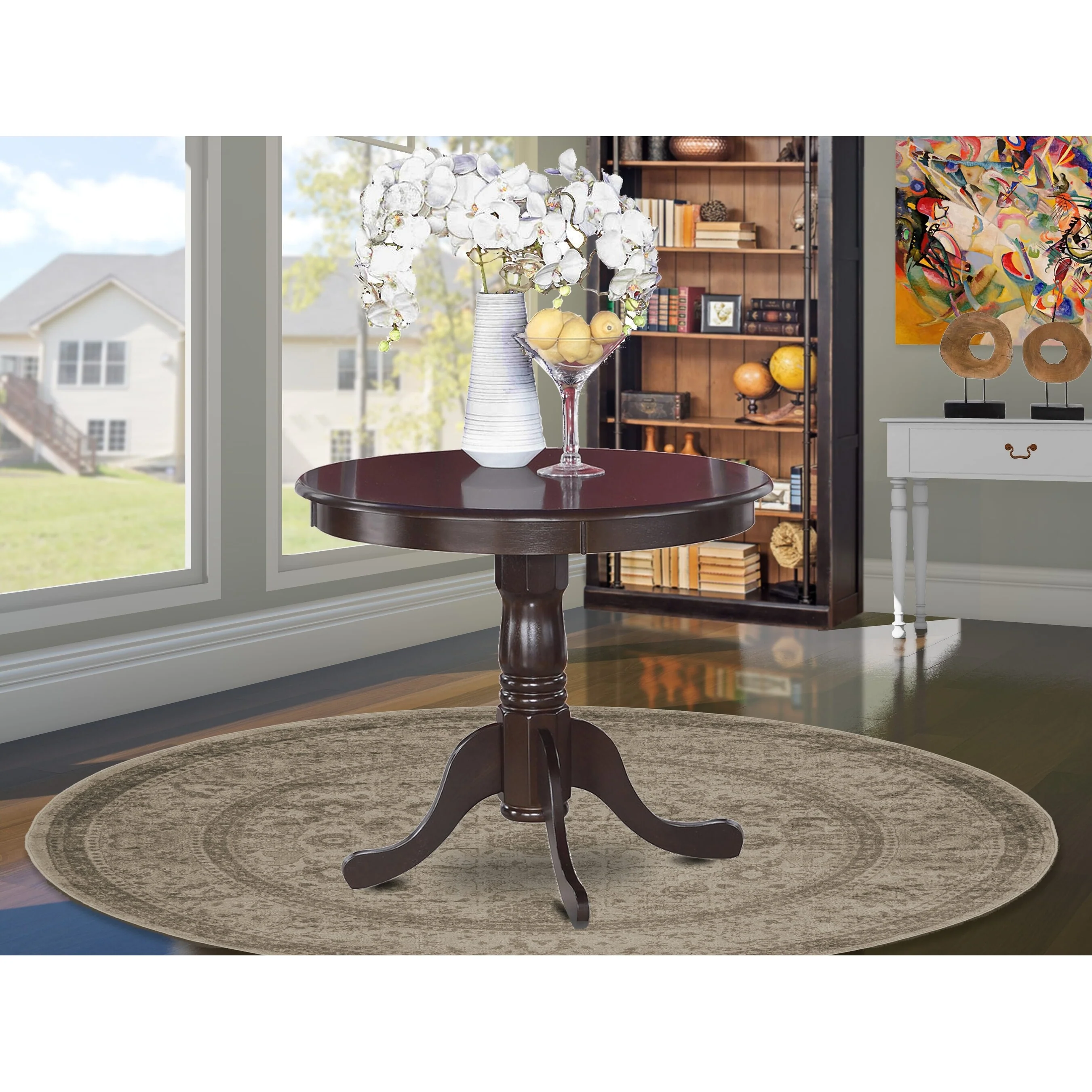 East West Furniture Kitchen Dining Table - a Round Solid Wood Table Top with Pedestal Base, 36x36 Inch, (Finish Options)