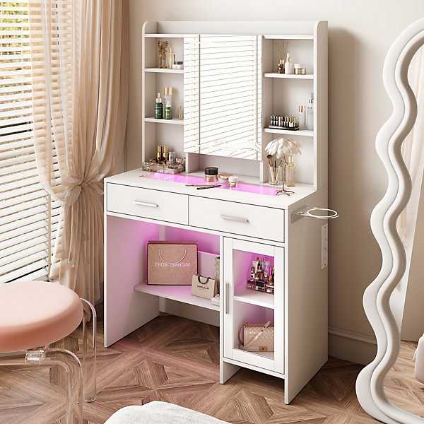 Coiffeuse avec plateau en verre trempé, prise électrique intégrée et support sèche-cheveux- Table de maquillage moderne