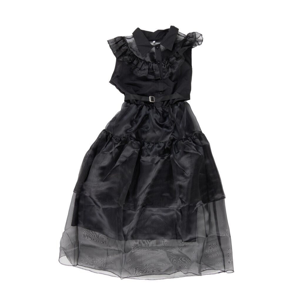 Déguisement Halloween femme Mercredi robe gothique noire et ceinture taille L