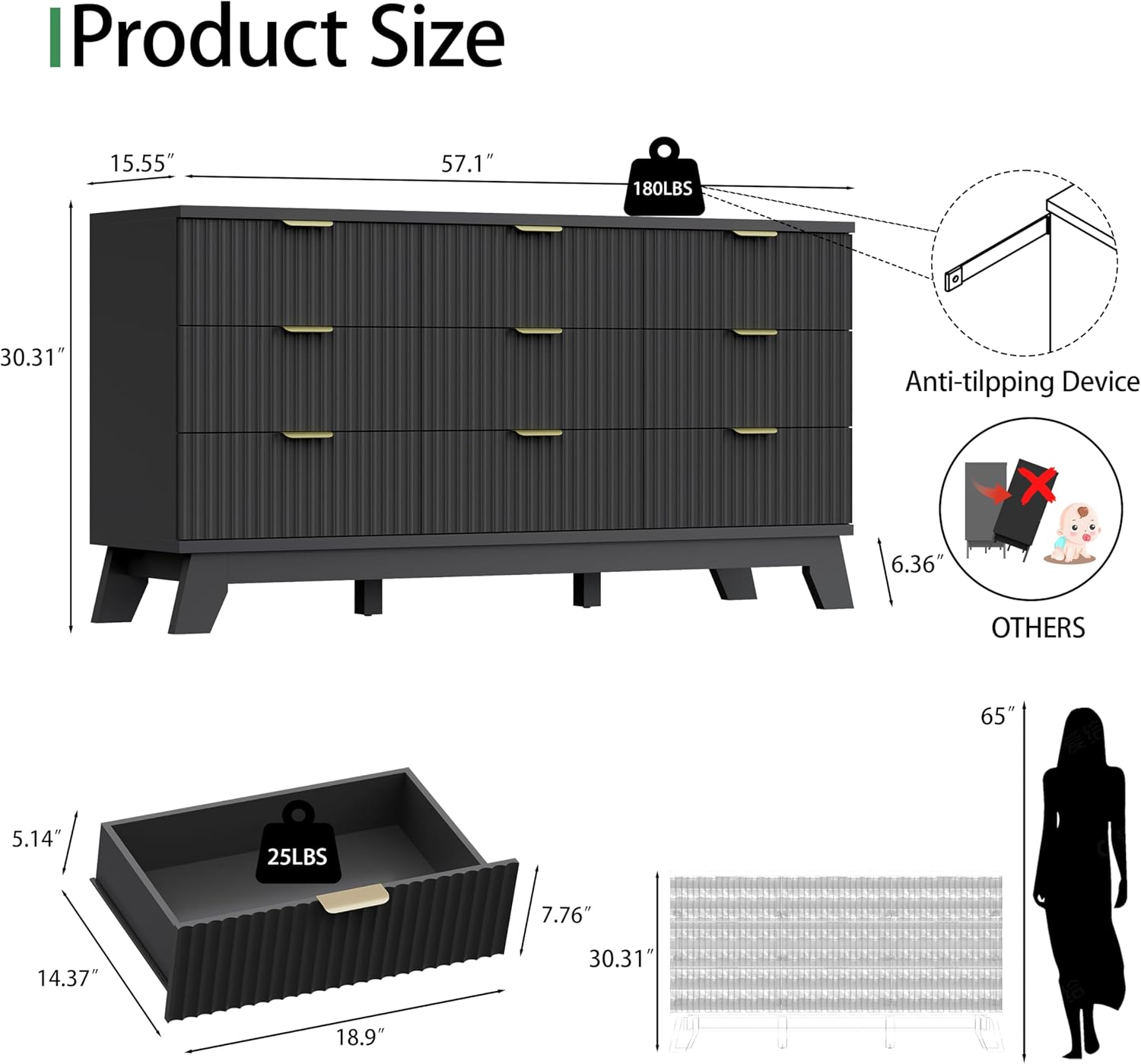 Fluted Dresser for Bedroom with 9 Drawers, 57 Wide Chest of Drawers with Metal Handle, Modern Wood Dresser TV Stand, Wooden Closet Clothes Storage Organizer for Living Room, Hallway, Black