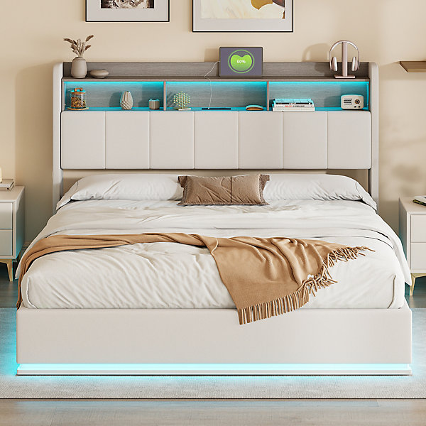 Lit coffre 160x200 cm en velours blanc avec tête de lit rangements, LED, USB, sommier à lattes et structure métal hydraulique