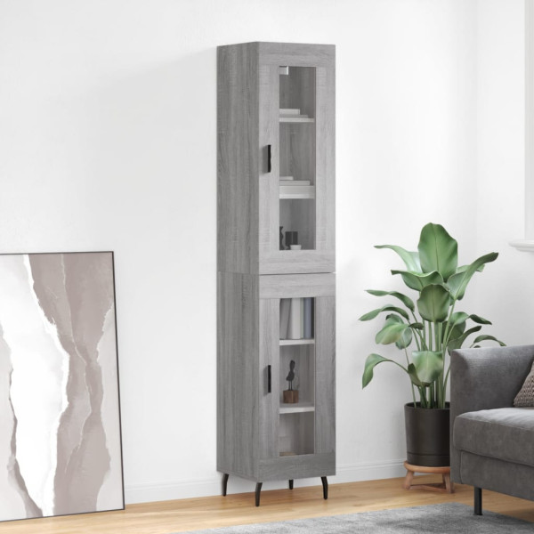 Szafka Komoda Regał Szara Dąb Sonoma z Drzwiami Szklanymi 34.5x34x180 cm