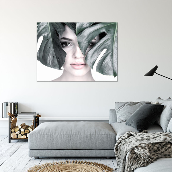 Obraz do salonu sypialni, Portret Kobieta i liście monstery 30x20