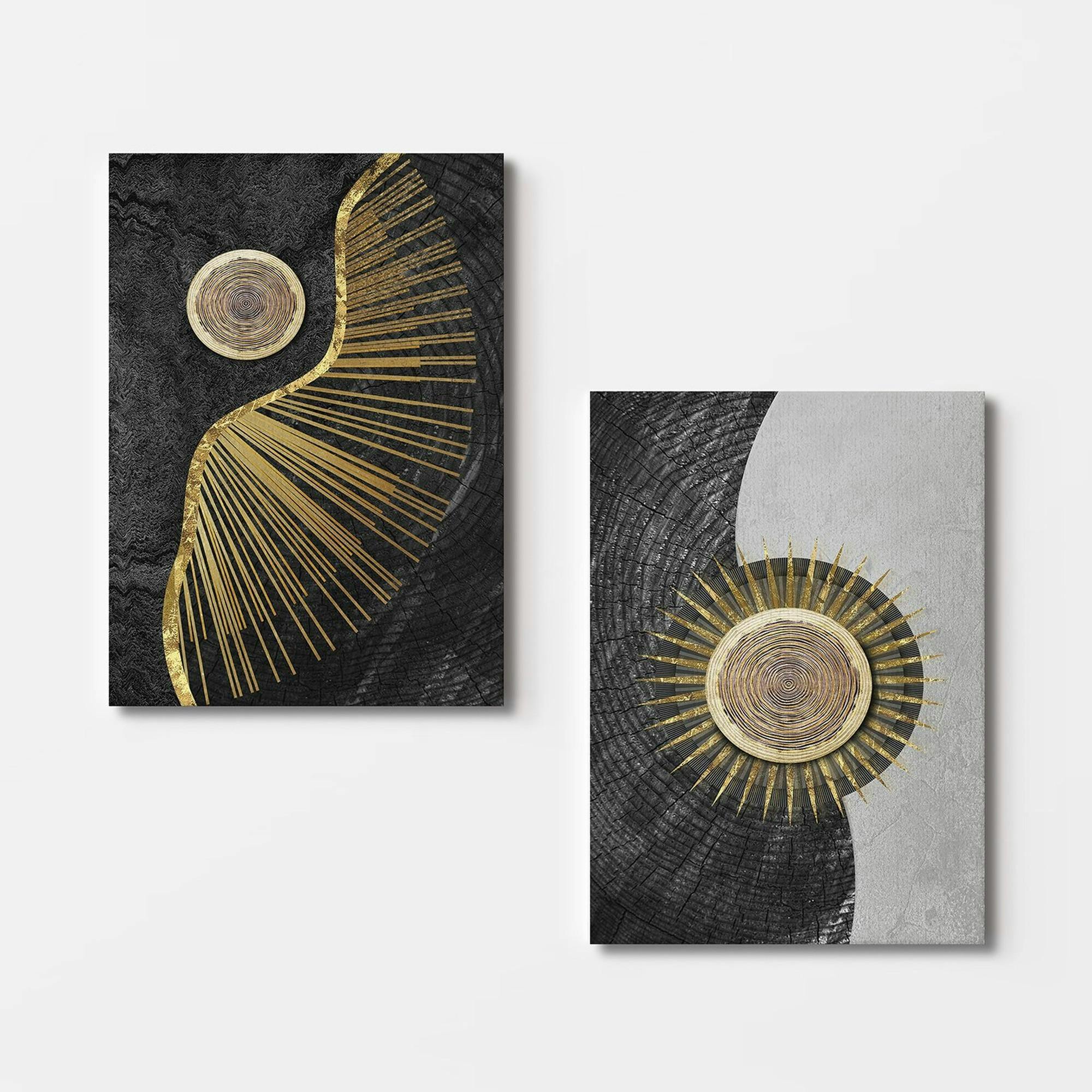 Tableau abstrait soleil or – fond noir et argent (set de 2)