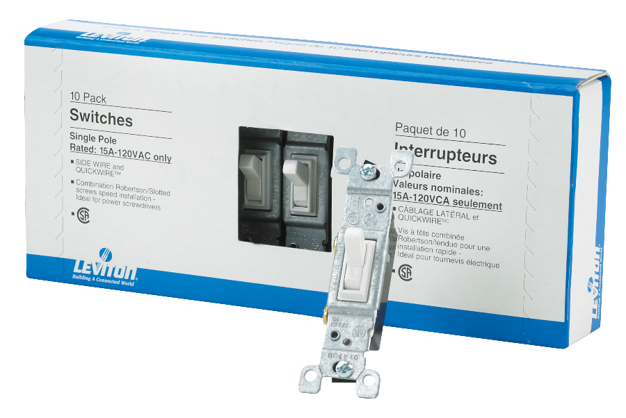 Leviton 01451-M24 Single-Pole AC Toggle Switch, 15A, 120V, Non-Grounding, Residential Grade, 10-pk
