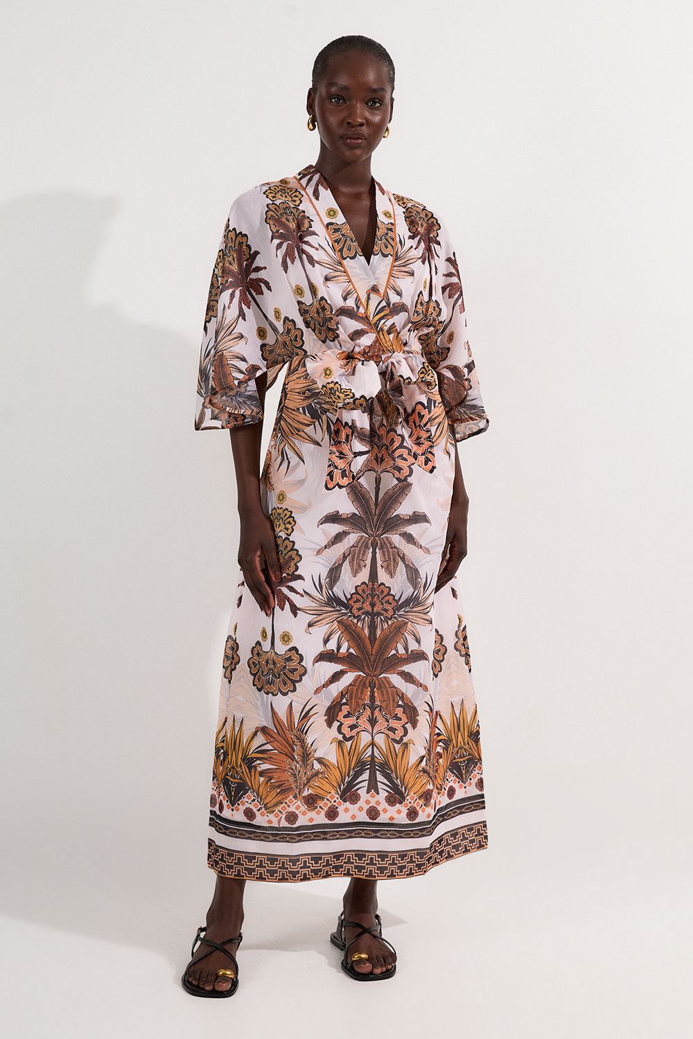 KarenMillen Abstract Print Cotton Kimono Sleeve Woven Maxi Dress