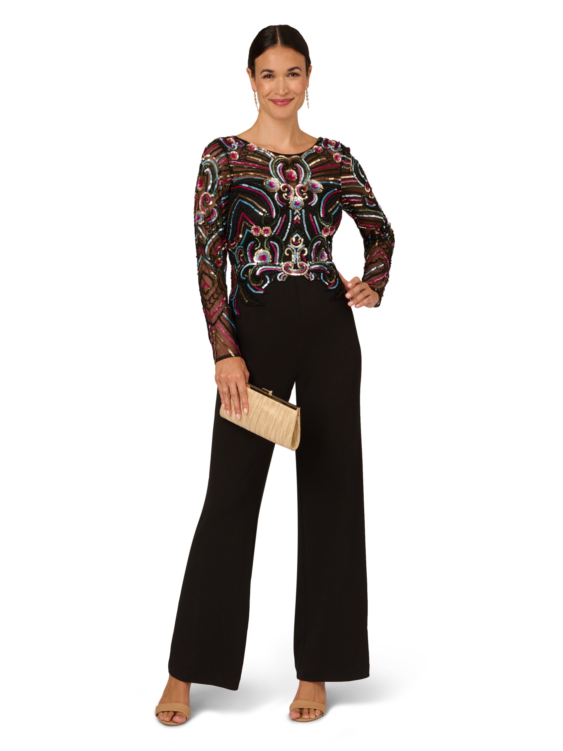Adrianna Papell Beaded Mesh Crepe Jumpsuit