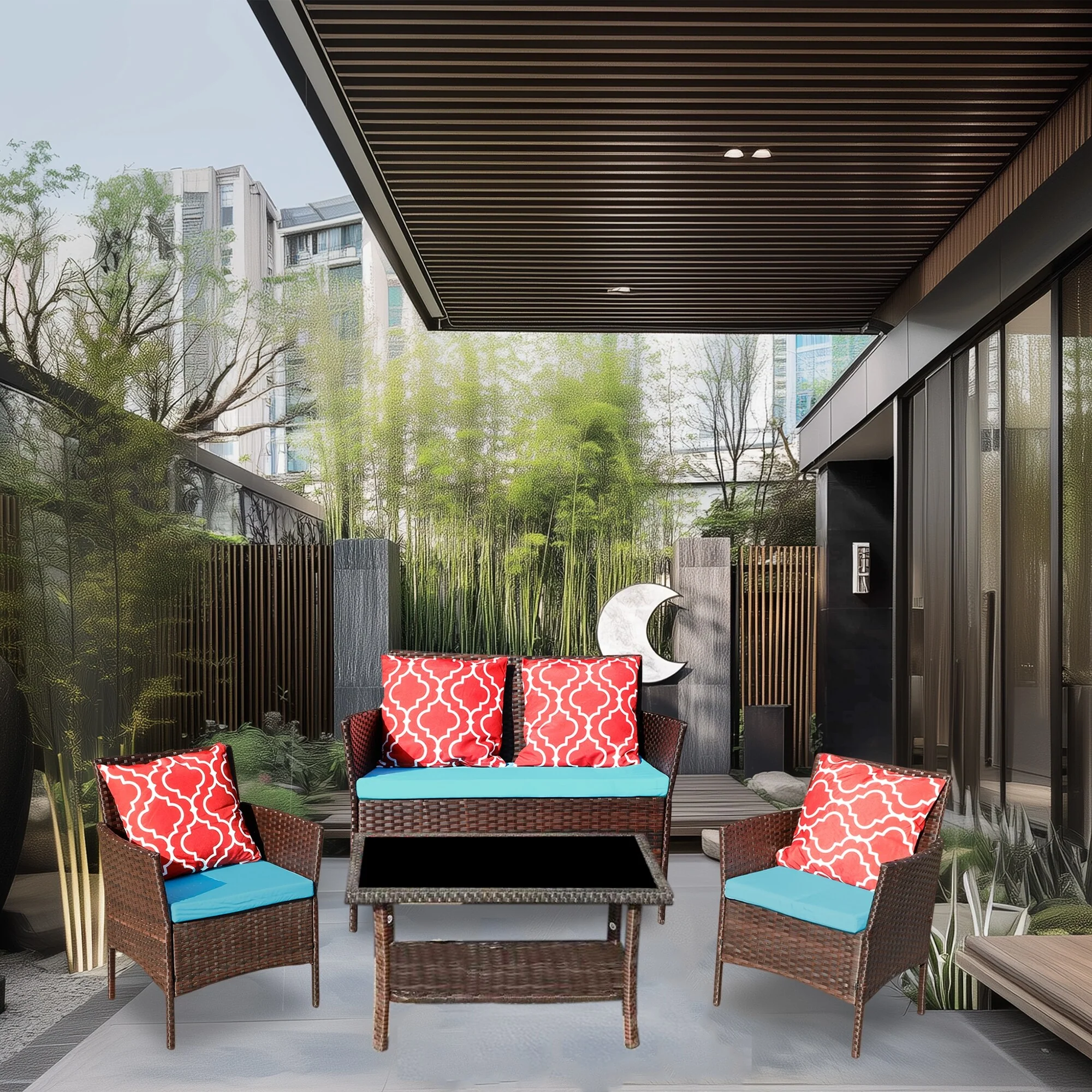 Four-Piece Sofa Set Table With Sofa Chair PE Rattan Outdoor Furniture With Emerald Green Color Cushion