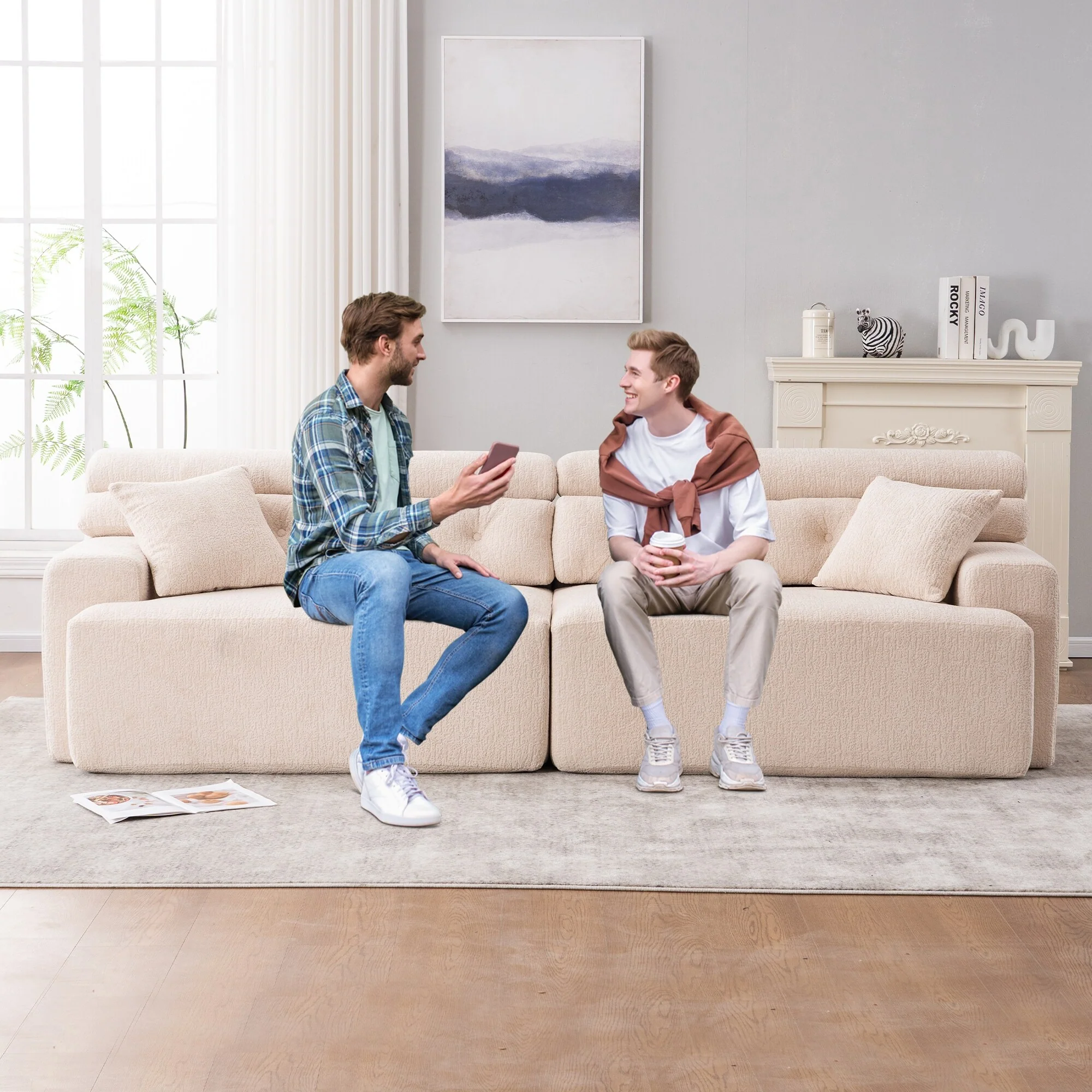 4-Seater Combined Sofa, Wood Grain Chenille Fabric, Full Sponge Compression Sofa,Combined Sofa With 2 Pillows