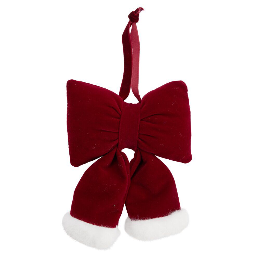 Noeud décoratif No&euml;l à suspendre velours rembourré rouge et blanc 11x2xH15cm