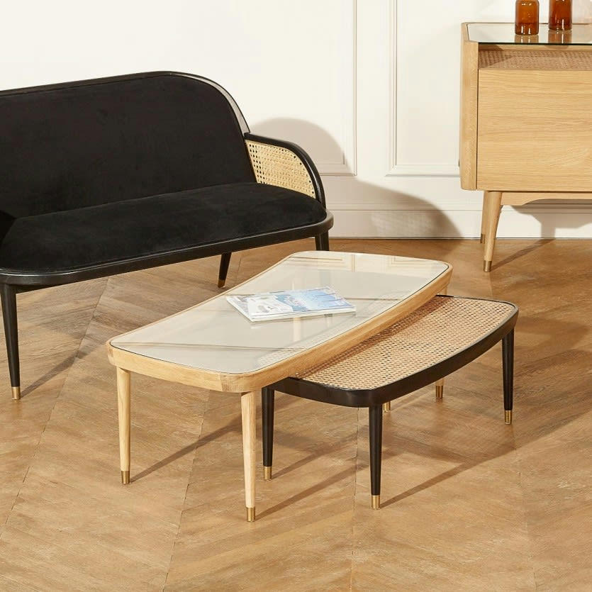 YVONNE - Table basse gigogne cannage et verre