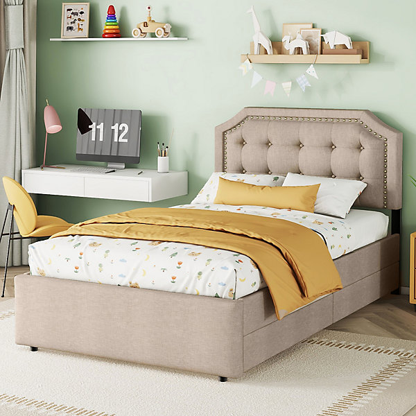 Lit avec rangement 90x200 cm simple capitonné avec 2 tiroirs et tête de lit courbée cloutée - revêtement en lin beige foncé