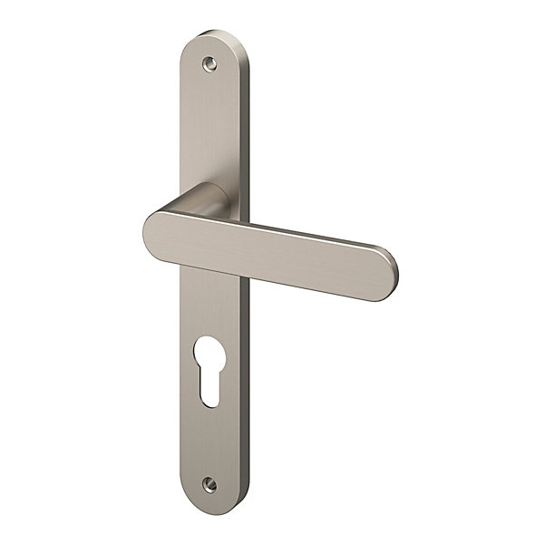 Ensemble poignée sur plaque rond GoodHome Minzh effet nickel satin gris L.120mm x l.33mm entraxe 195mm