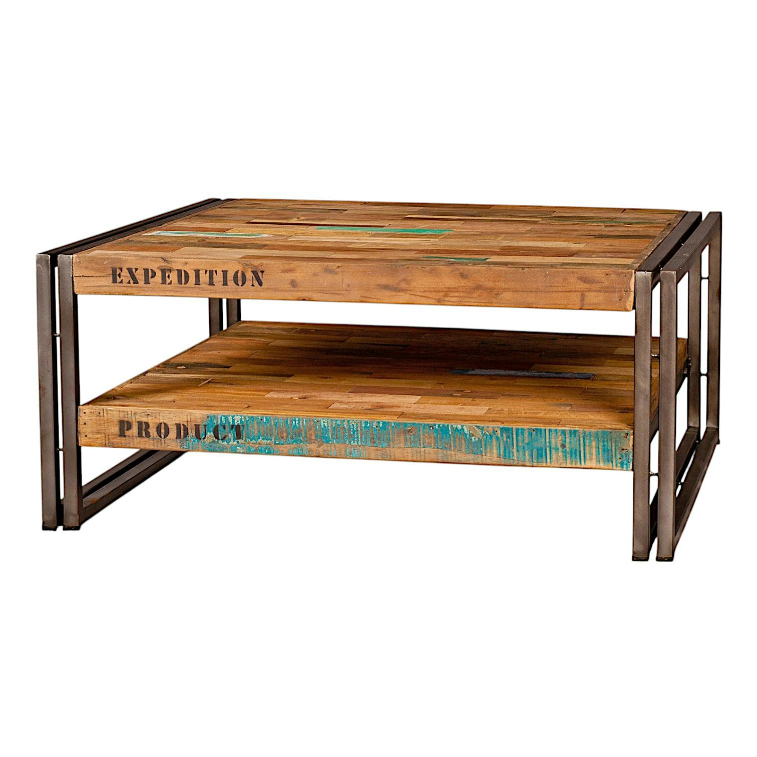 Table basse carrée bois recyclé double plateaux 80x80 CARAVELLE