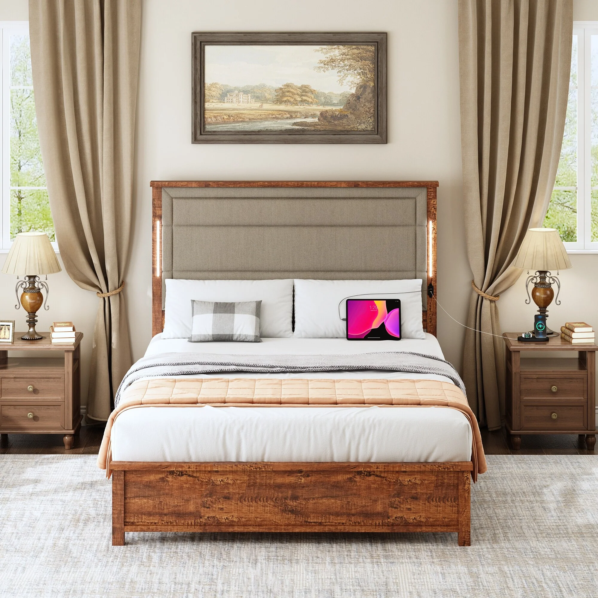 Queen Size Platform Bed Frame with Upholstered Headboard Featuring USB and Type-C Charging Ports