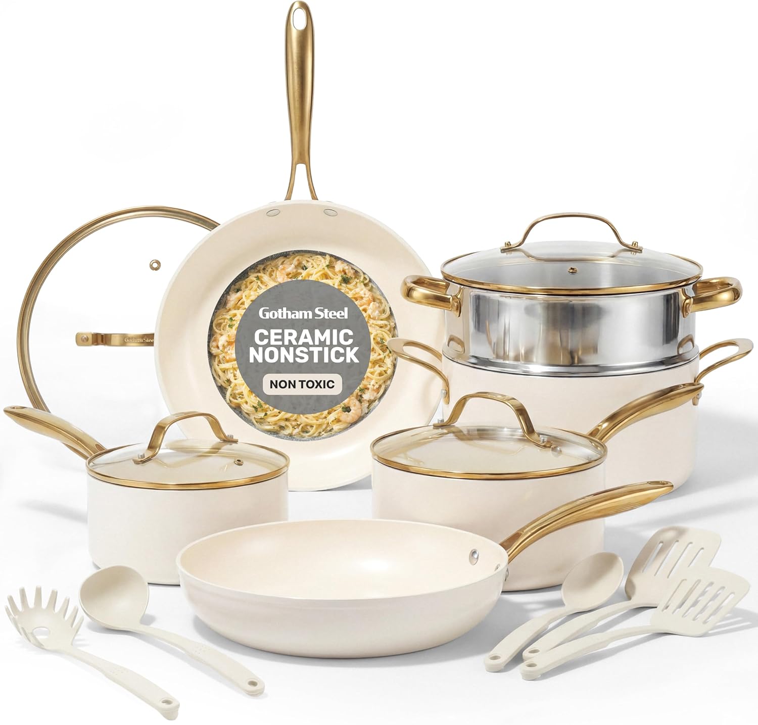 Gotham Steel 15 Pc Ceramic Cookware Set, Ceramic Pots and Pans Set Non Stick with Cooking Utensils and Steamer, Non Toxic PFOA PFOS Free, Premium Gold Stay Cool Handles, Oven & Dishwasher Safe