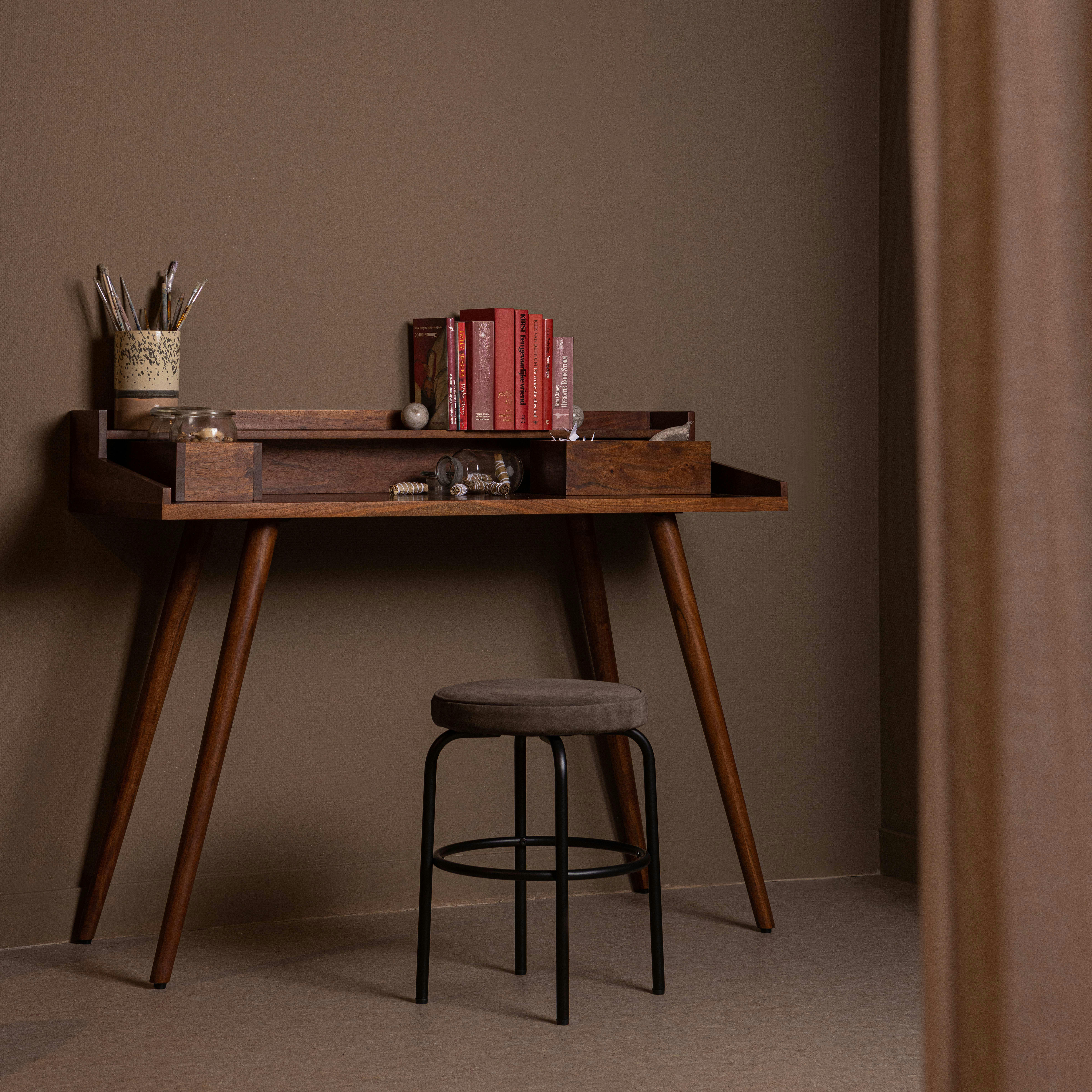 BRIK - Bureau rétro en bois d'acacia - deux bacs à accessoires