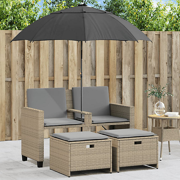 Canapé de jardin 2 places avec parasol et tabourets beige rotin vidaXL