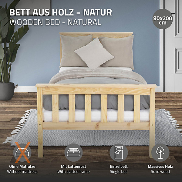 Lit simple en bois de pin naturel d'adolescents avec sommier à lattes 200x90 cm