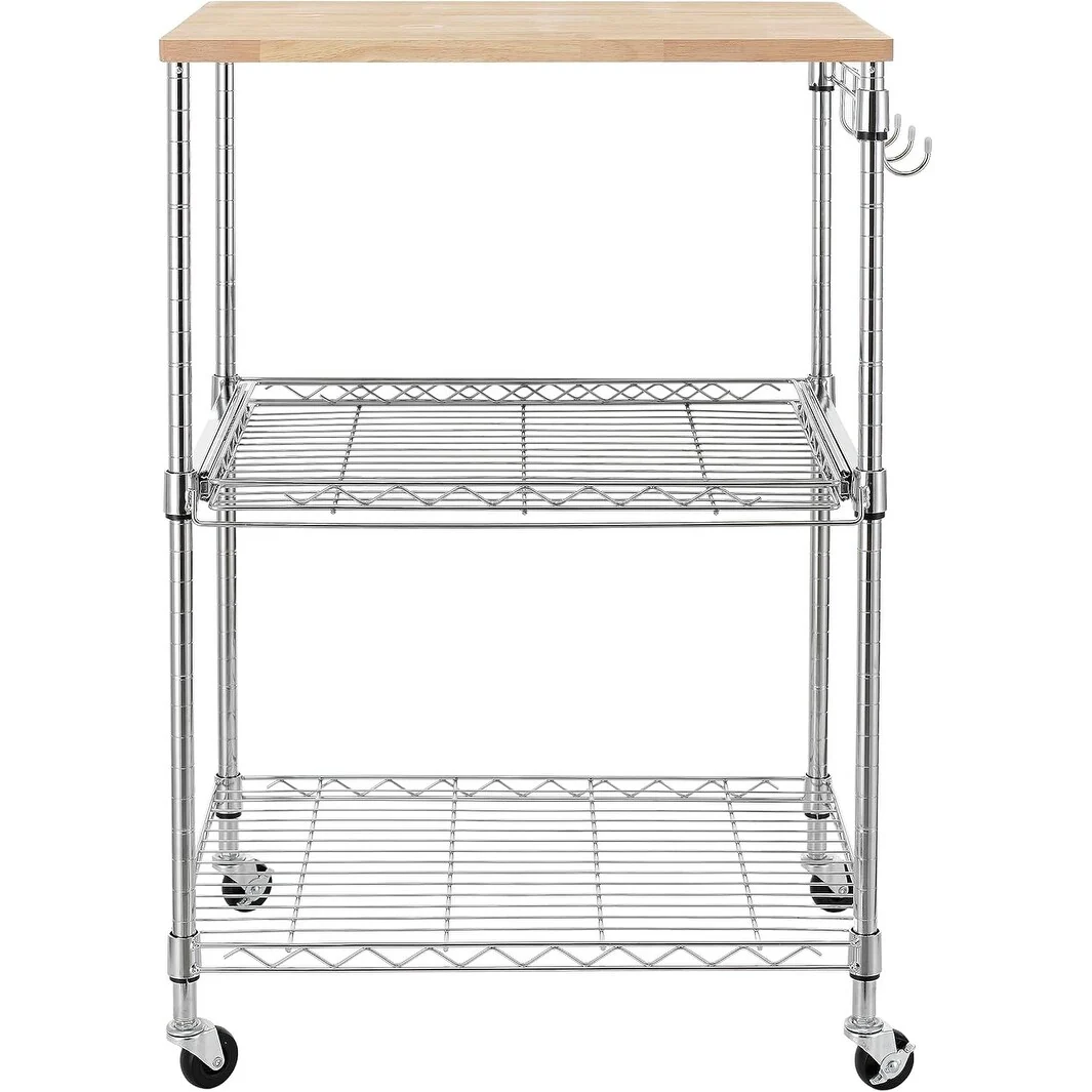 Tier Oak Wood Kitchen Cart with Wheels Slider Shelf and Hooks for Microwave Coffee Storage in Dining Room