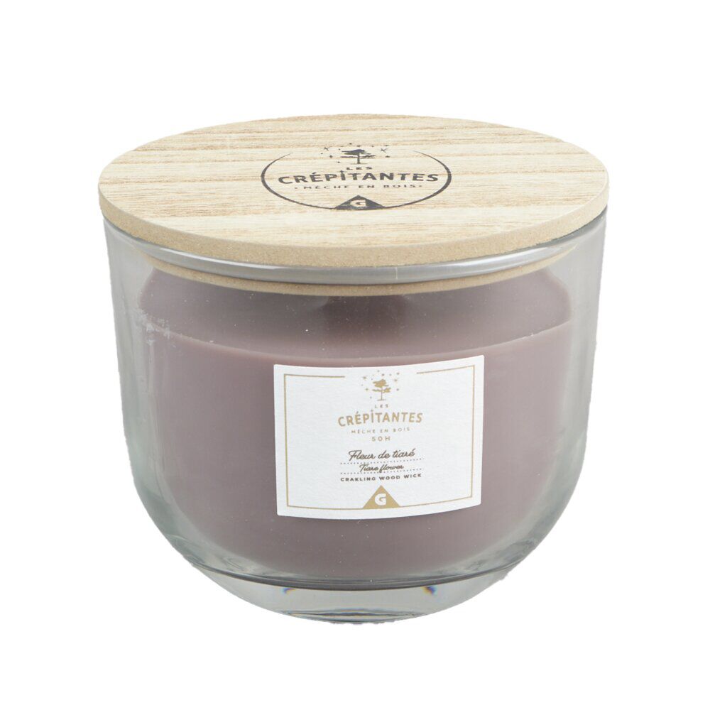 Bougie crépitante dans verre couvercle et mèche bois senteur fleur de tiaré 50H