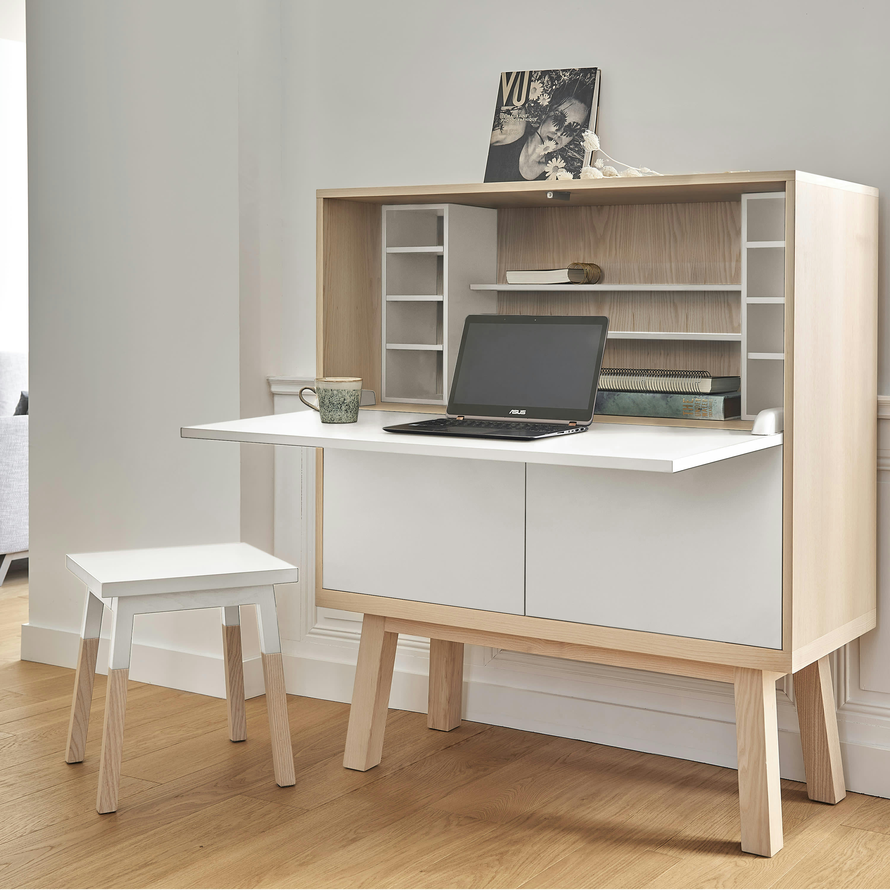KUBE - Bureau secrétaire avec rangement, 120 cm de large, en frêne