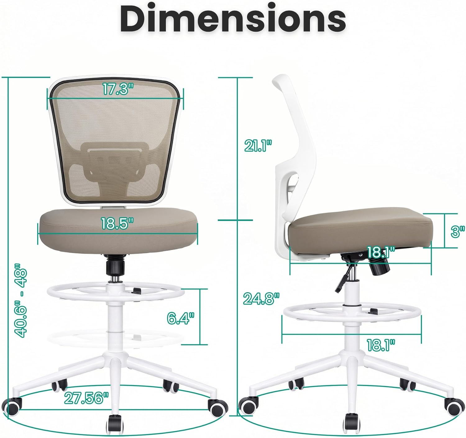 Armless Drafting Chair Tall Office Chair for Standing Desk - Adjustable Height Mesh Ergonomic Stool with Foot Ring, Rolling Counter Height Computer Chair for Small Spaces & Home Office