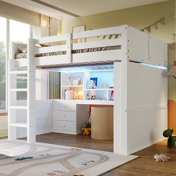 Lit superposé 140x200 cm avec éclairage LED, bureau intégré et armoire en pin blanc avec tiroirs