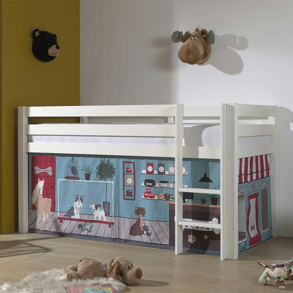 PINO - Lit mi-hauteur 90x200 sommier inclus housse pet shop blanc