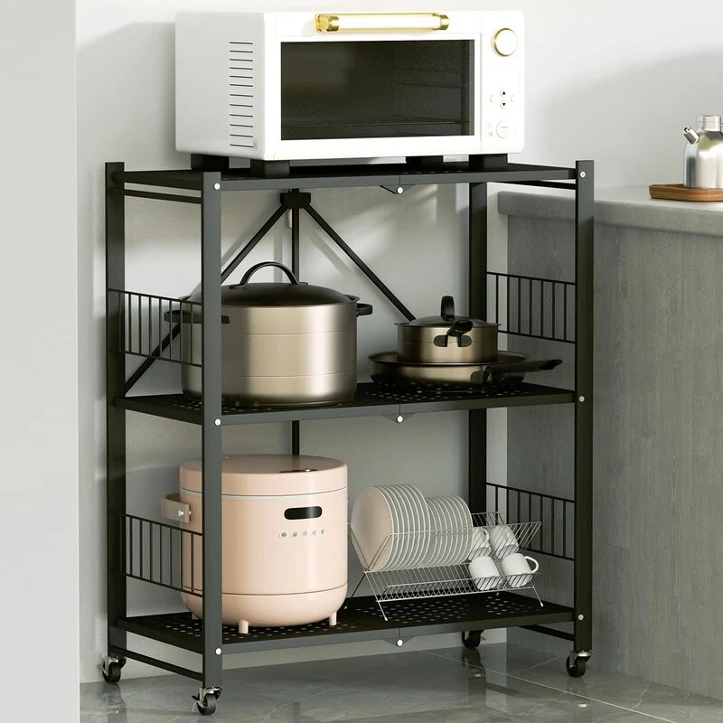 Folding Storage Shelves, 5-Tier/4-Tier/3-Tier Metal Collapsible Shelves with Wheels