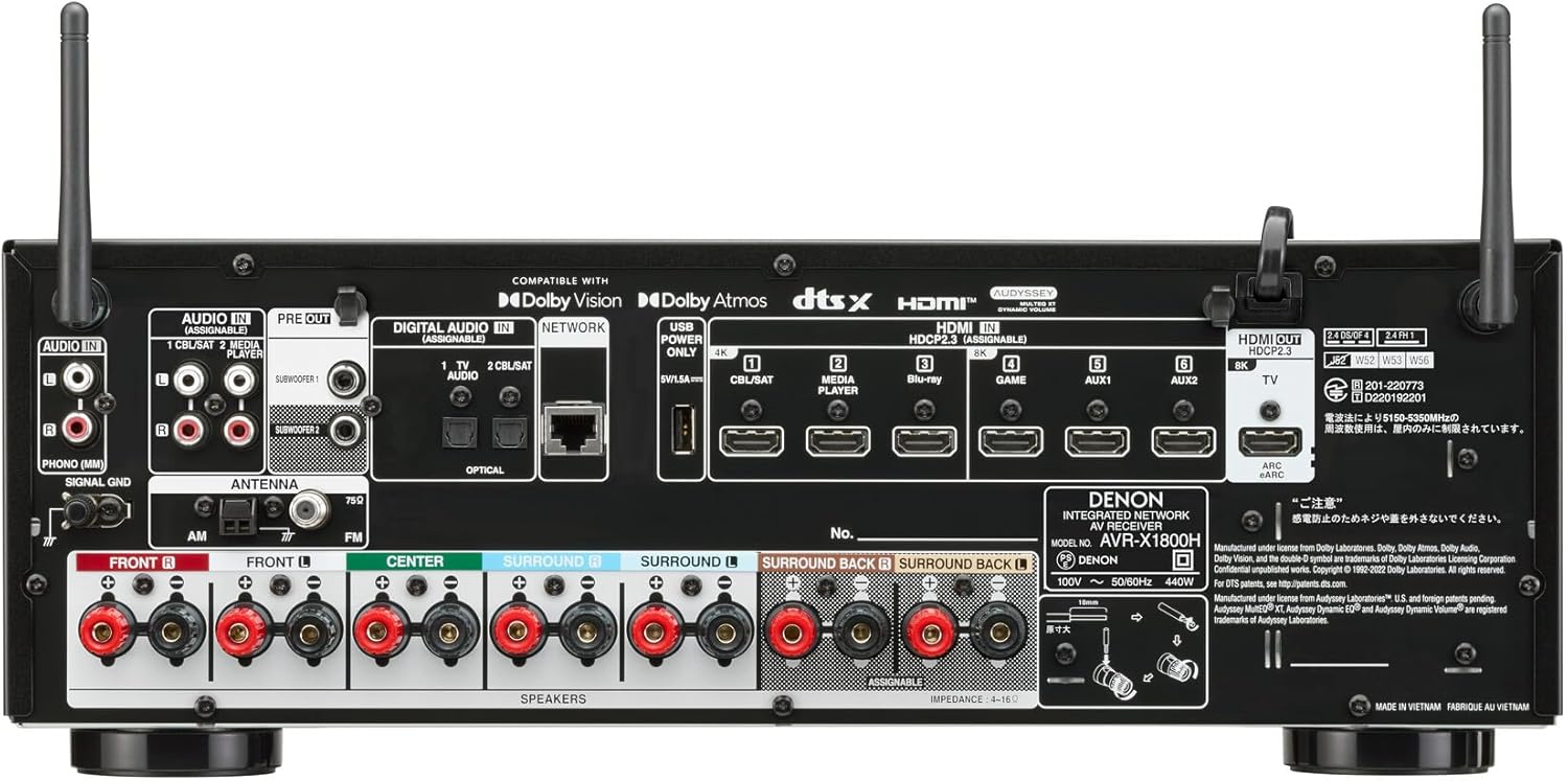 Denon AVR-X1800H 7.2 Channel AV Stereo Receiver - 80W/Channel  Wireless Streaming via Built-in HEOS  WiFi  & Bluetooth  Supports Dolby Vision  HDR10+  Dynamic HDR  & Home Automation Systems