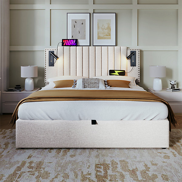Lit rembourré 160x200cm, lit de rangement avec sommier à lattes, lumière de lecture et fonction de chargement usb, coton, beige