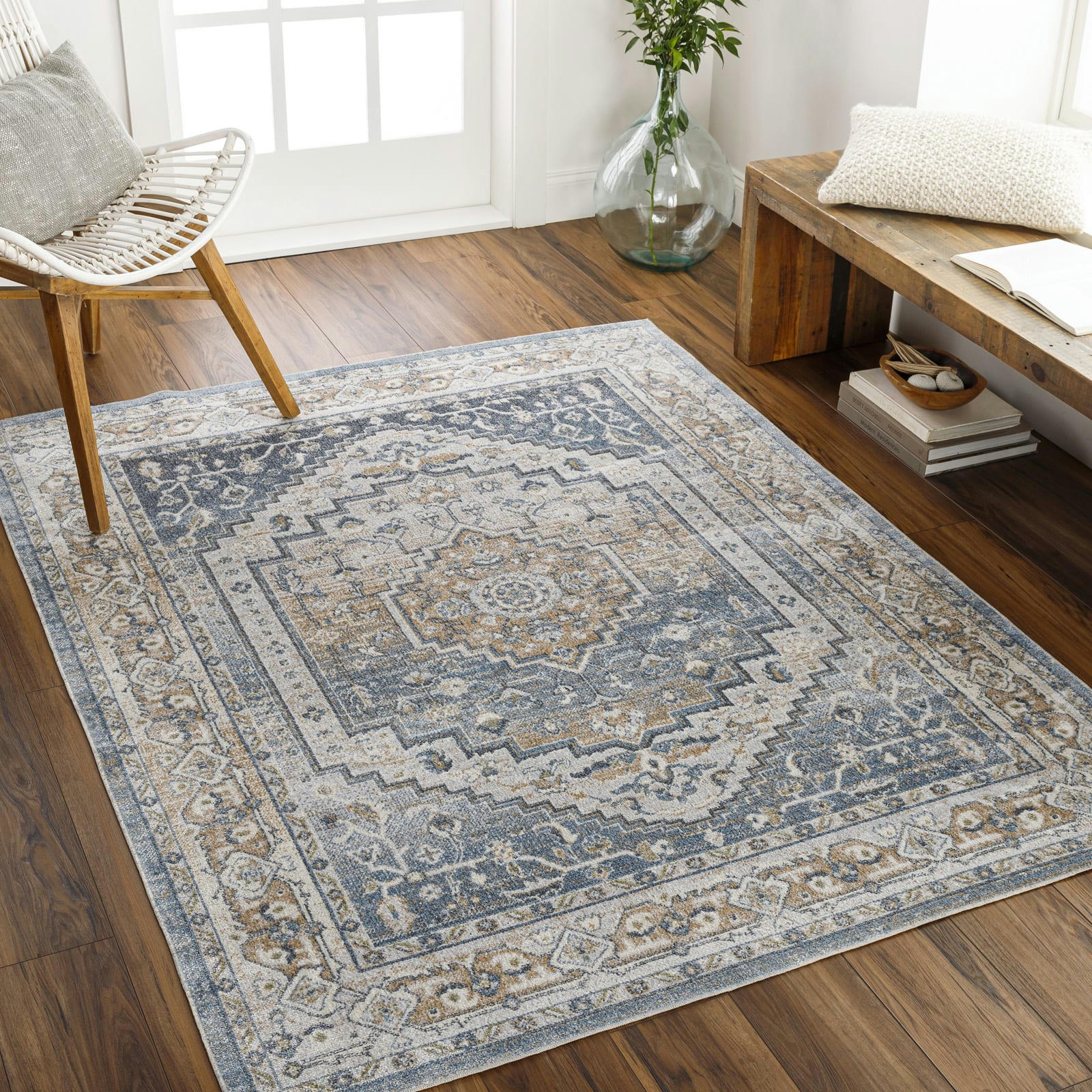 JENNIFER - Tapis Vintage Lavable en Machine Bleu/Gris 160x213