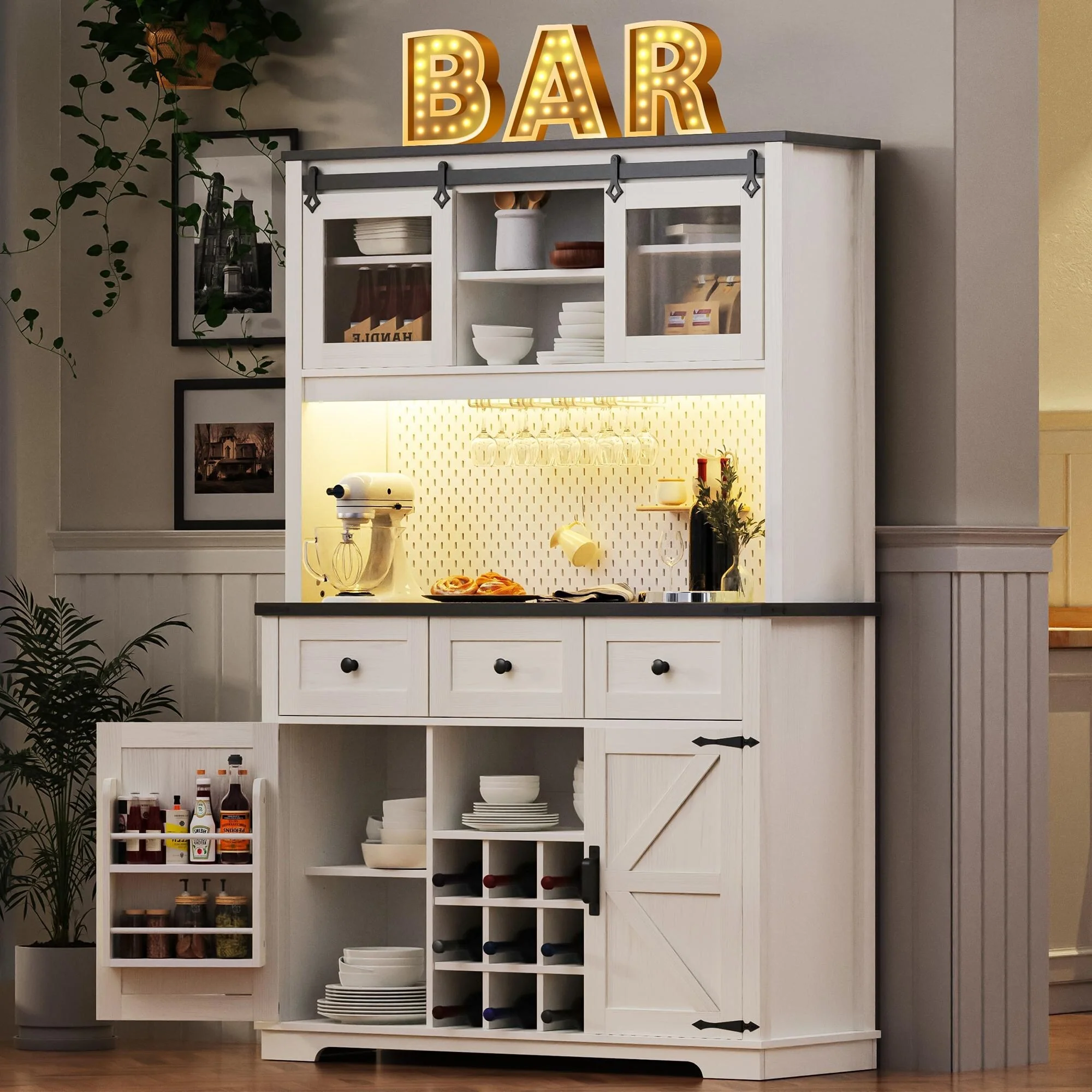 Farmhosue Pantry Bar Cabinet with Internal Storage Rack