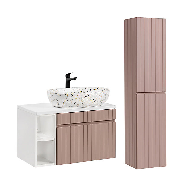 Ensemble meuble simple vasque 80cm 2 niches et colonne Zelie Rose et Blanc