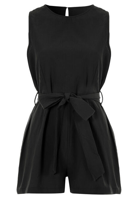 Womens Black Tie Waist Cotton Playsuit