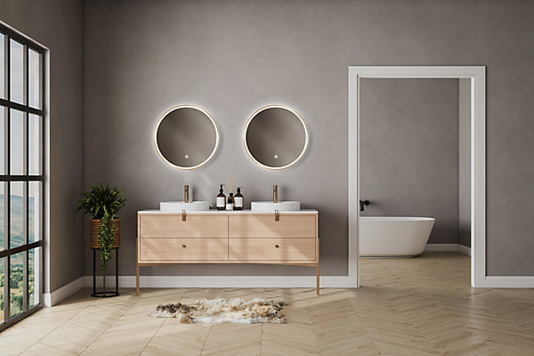 Miroir salle de bains éclairant à LED cadre doré rond Ø60 cm, anti-buée, MPGlass Céleste