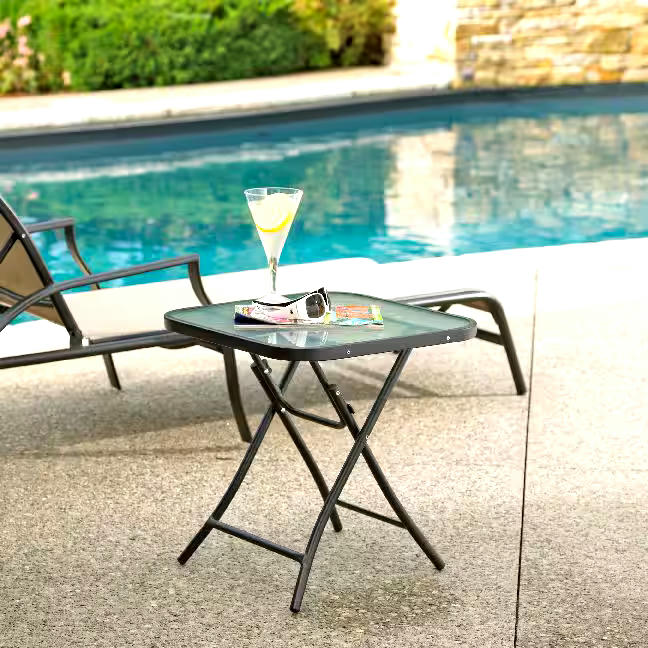 For Living Folding Outdoor/Patio Side Table w/ Glass Top, Assorted, 18-in