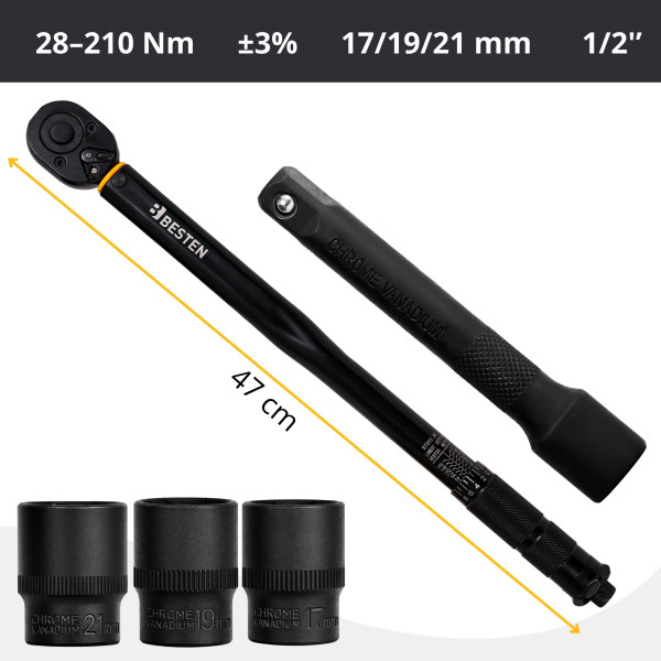 Klucz dynamometryczny BESTEN BE-2878 1/2" 28–210 Nm zestaw nasadek