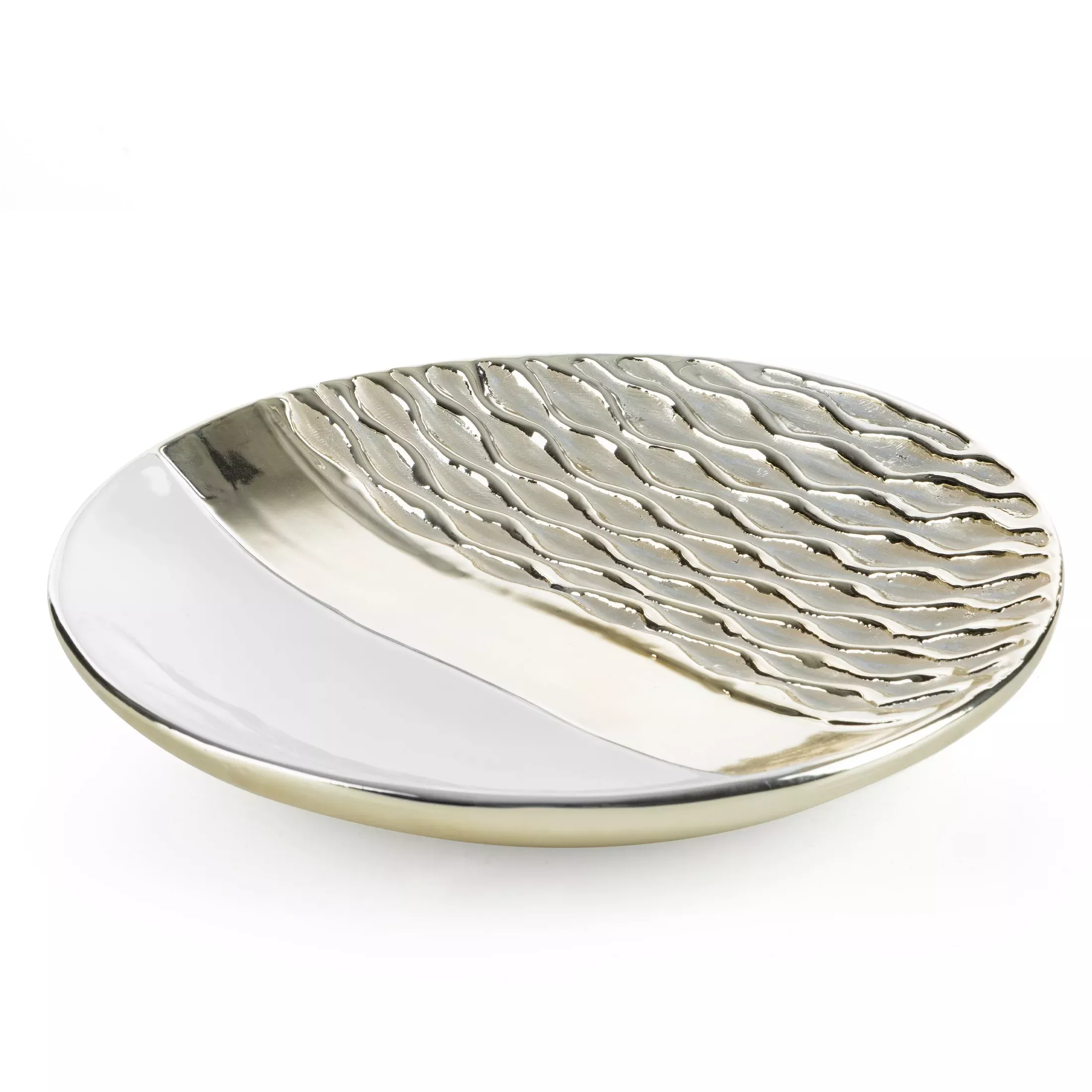 Patera ceramiczna dekoracyjna biało-szampańskazdobiona wytłaczanym wzorem średnica 29x4 cm DOLY