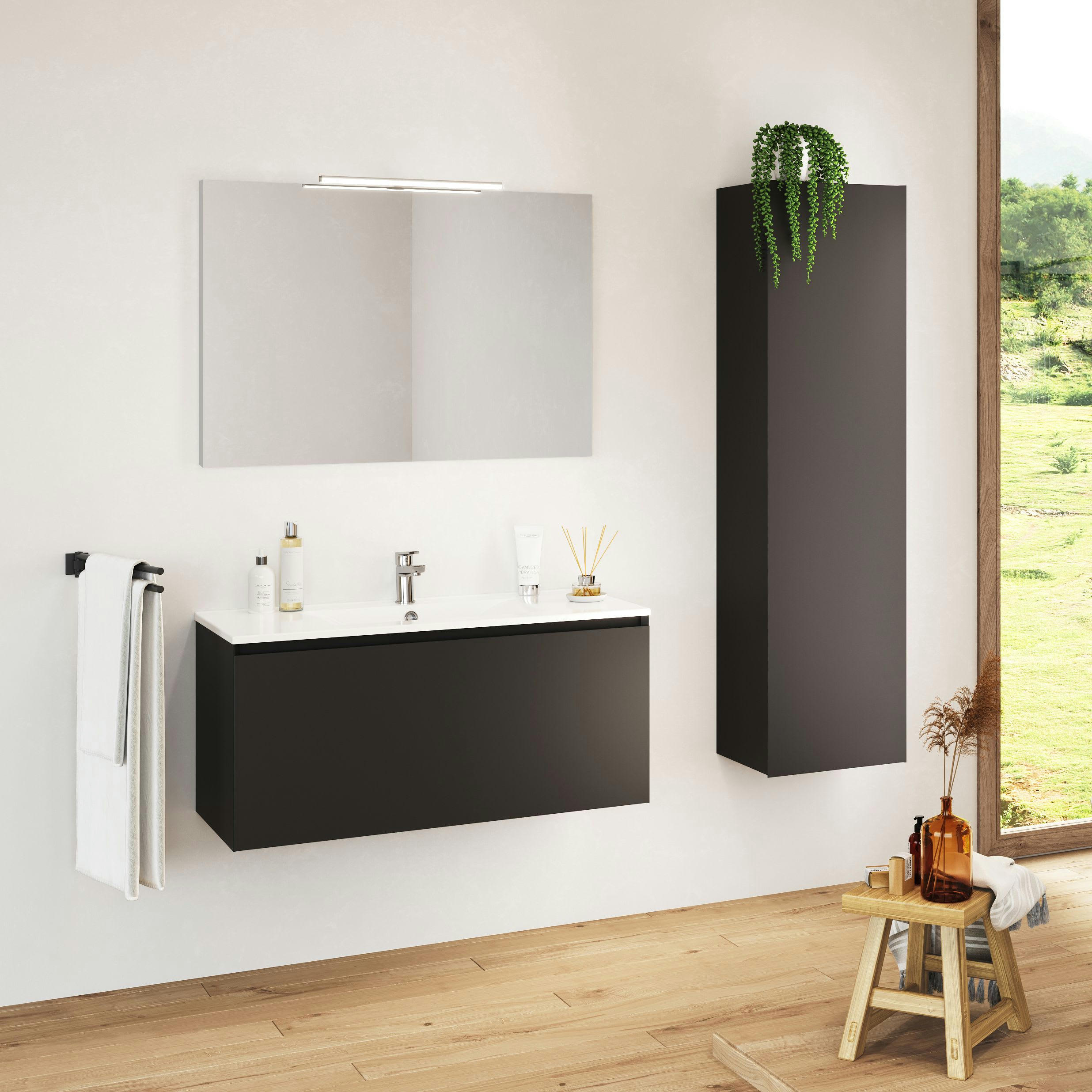 NORDIK - Meuble sous-vasque à suspendre 100cm Noir MDF Laqué Tiroirs