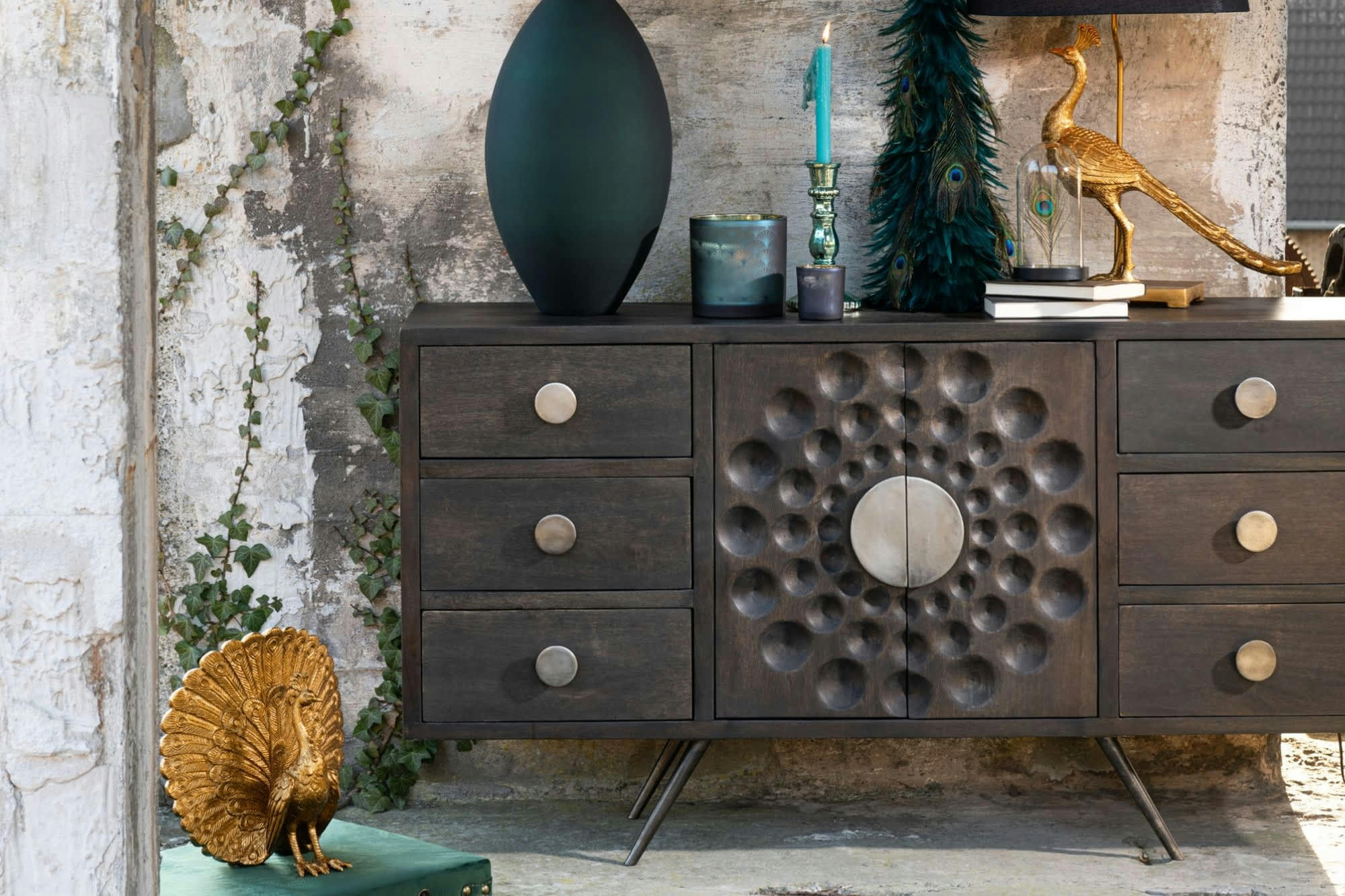 PADANG - Buffet bas ethnique en bois de manguier 2 portes et 6 tiroirs