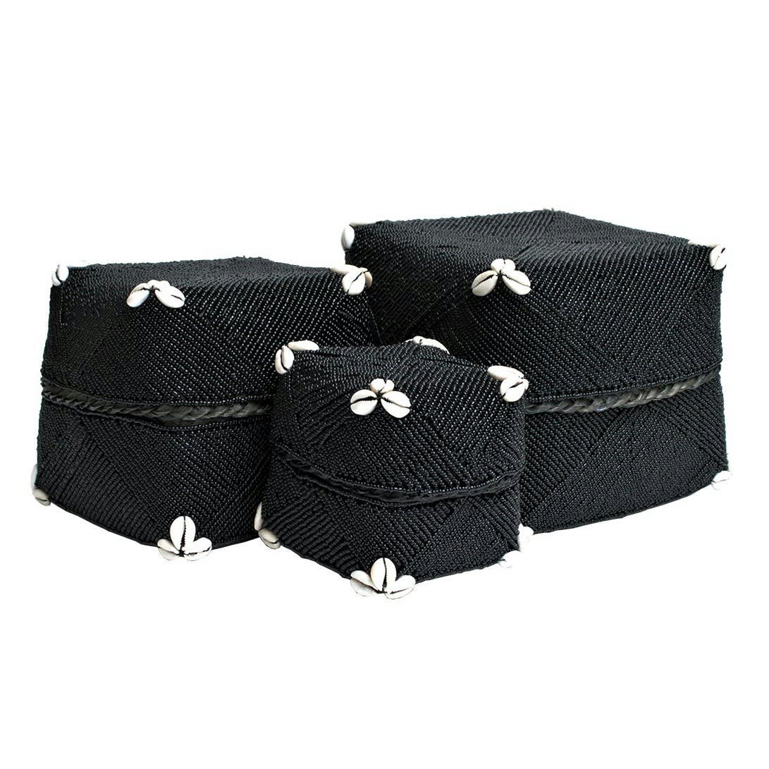 BELLA - Boîte en bambou et perles, noir 18 x 15 cm