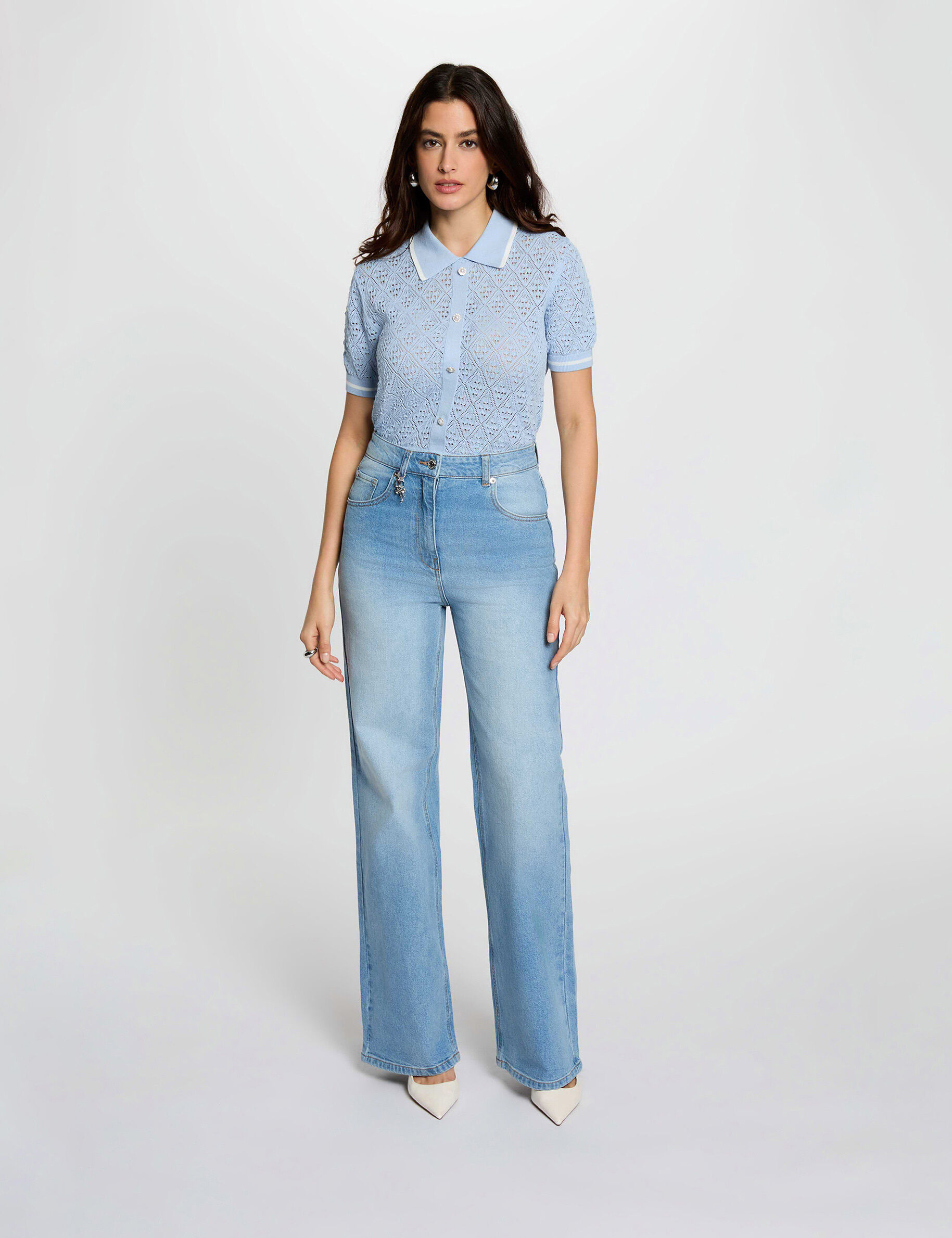 High-Waisted Wide-Leg Jeans Heavy Stone Wash Denim Women