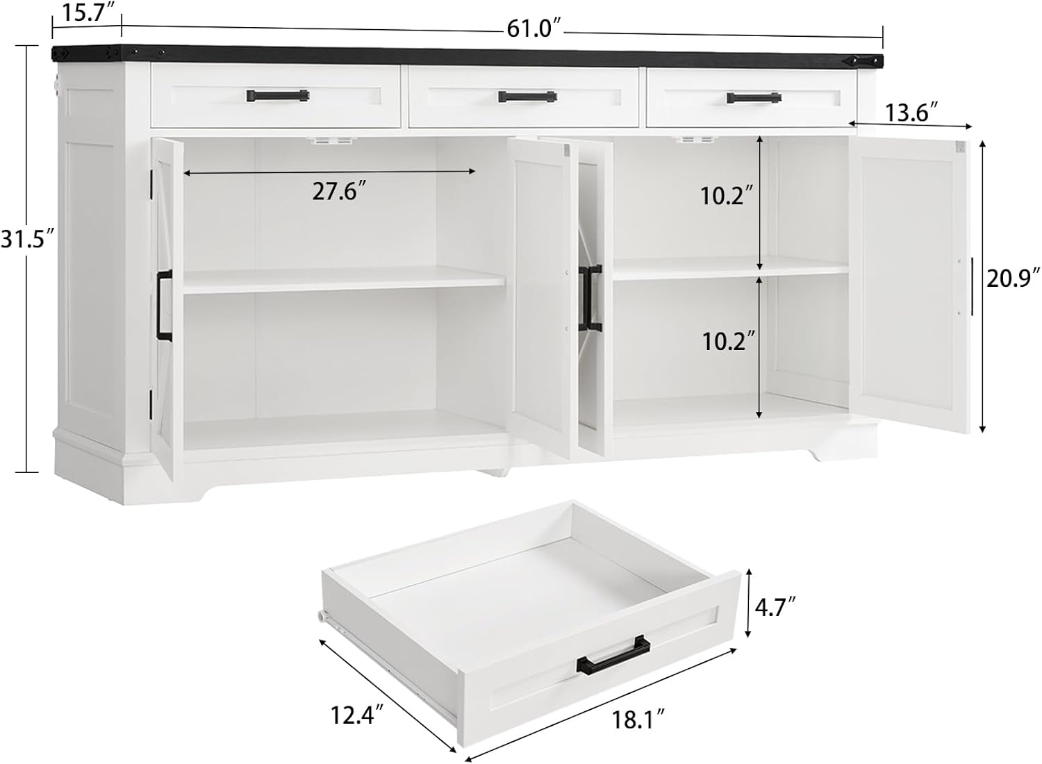 TEENFON 61 Farmhouse Buffet Cabinet with 2 Adjustable Shelves, Sideboard with 3 Drawers & 4 Doors, Rustic Storage Cabinet for Kitchen, Entryway, Coffee Bar, White