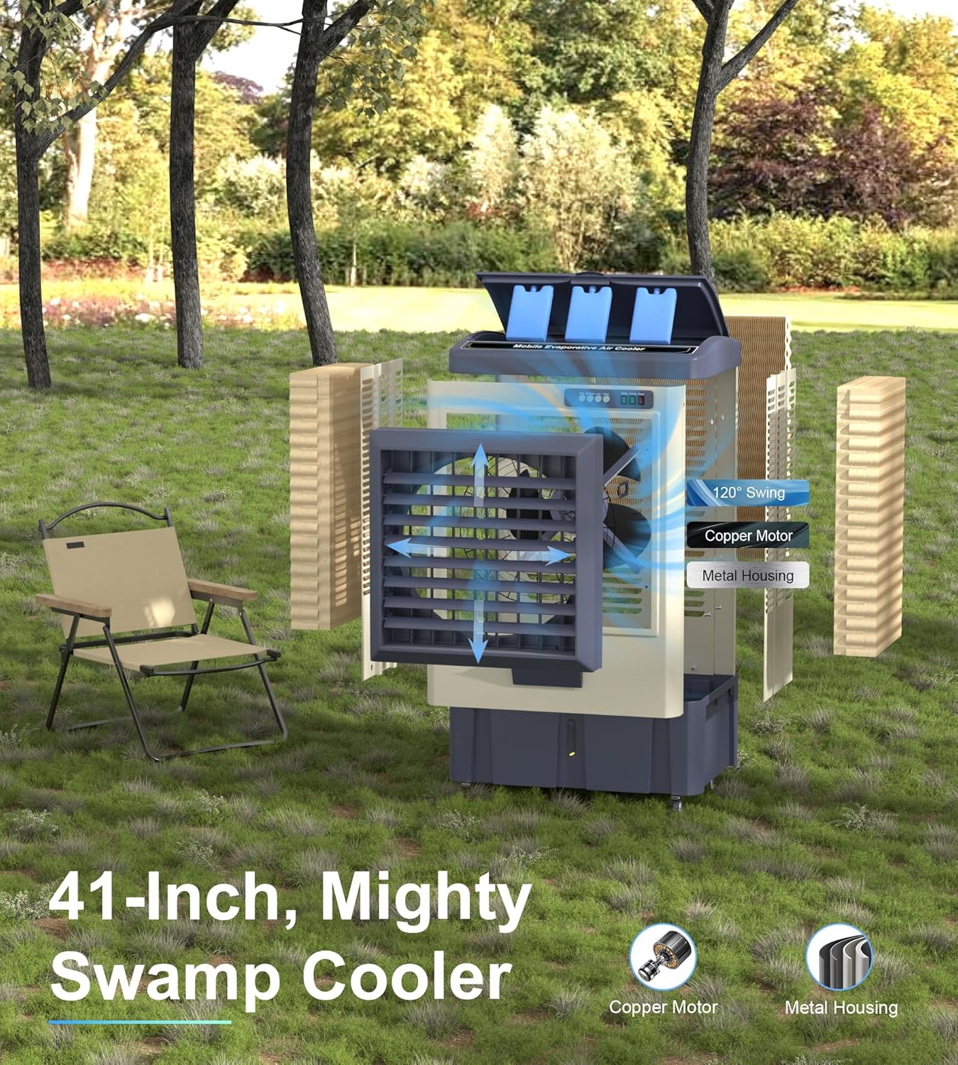 41-Inch Swamp Cooler, 4800CFM Industry Evaporative Cooler, 3 Speeds, 120° Swing, 10.9 Gal Water Tank, 3 Ice Packs,Outdoor Evaporative Air Cooler for Patio, Yard, Porch, Factory